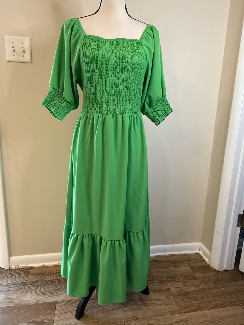 Michelle McDowell green maxi dress smocked ruffled SZ M